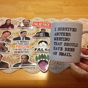 Humorous office-themed coffee cup and stickers